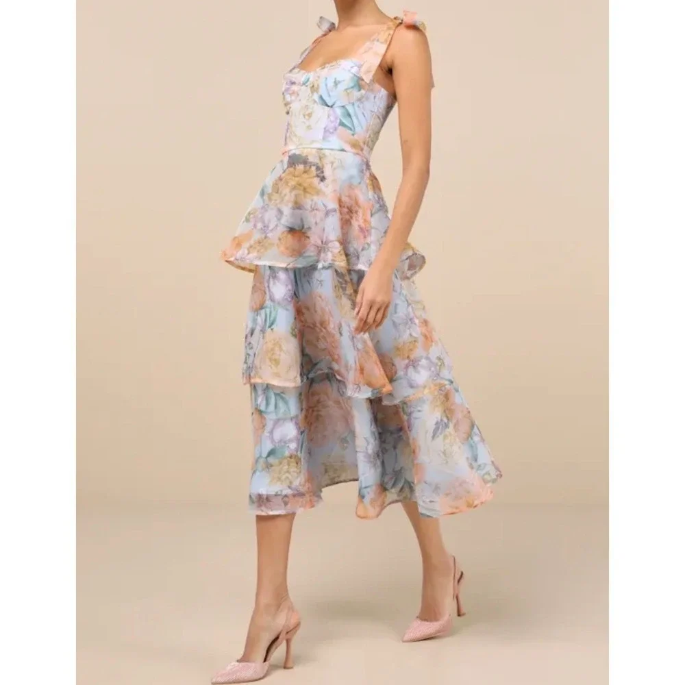 Lulus Playfully Posh Blue Floral Organza Tie-Strap Tiered Midi Dress Small NWT